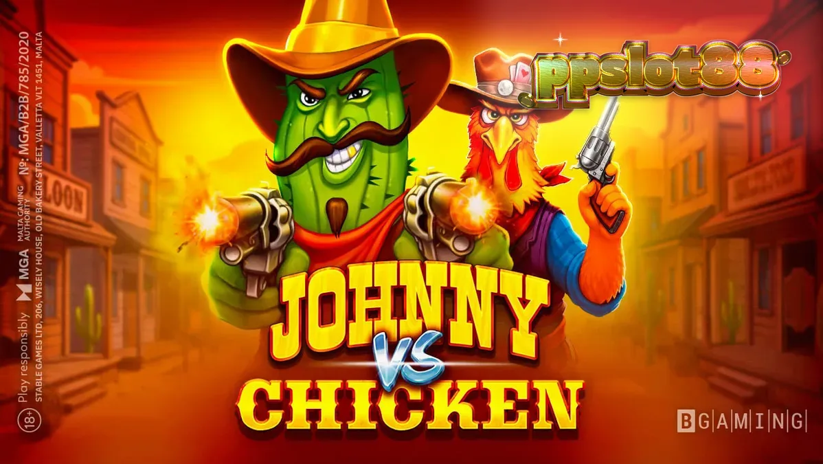 Tampilan visual slot Johnny vs Chicken dengan karakter Johnny Cash dan sheriff ayam di latar belakang Wild West yang dinamis.